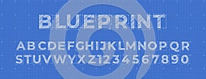 Blueprint lettering. Construction engineer font, architectural alphabet letters and numbers on blue measurement grid