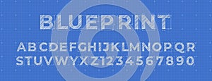 Blueprint lettering. Construction engineer font, architectural alphabet letters and numbers on blue measurement grid background.