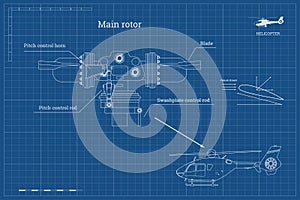 Blueprint of main rotor of helicopter in outline style. Industrial drawing of gearbox part. Detailed isolated image