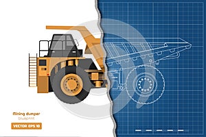 Blueprint of mining dumper. Side, back and front view. Outline heavy truck image. Industrial drawing of cargo car.