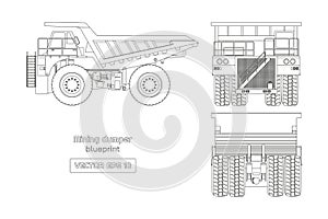 Blueprint of mining dumper on white background. Side, back and front view. Outline heavy truck image. Industrial drawing