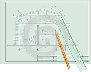 Blueprint Page with Draft, Pencil and Ruler