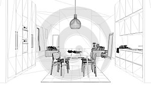 Blueprint project draft, cosy kitchen with dining table and chairs, modern fireplace and walls, living room with sofa, contemporar