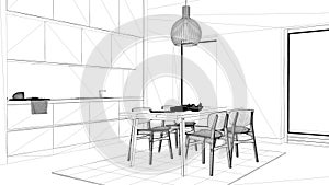 Blueprint project draft, cosy kitchen with dining table and chairs, sink and faucet, cabinets, carpet and pendant lamp, big