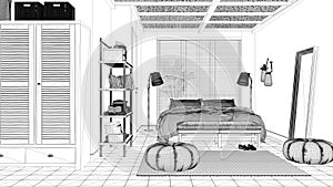 Blueprint project draft, cosy peaceful bedroom, double bed with pillows and blankets, ceramic tiles, carpet, poufs, mirror and