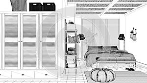 Blueprint project draft, cosy peaceful bedroom, double bed, pillows and blankets, ceramic tiles floor, carpet, pouf, shelves, big