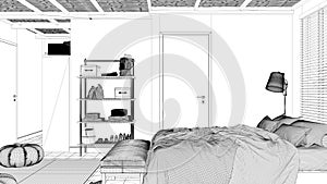 Blueprint project draft, cosy peaceful bedroom, double bed, pillows and blankets, ceramic tiles floor, carpet, poufs, shelves and