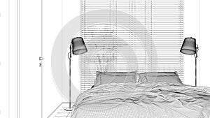 Blueprint project draft, cosy peaceful bedroom, double bed, pillows and blankets close-up, ceramic tiles floor, floor lamps, big