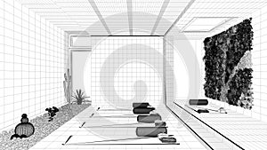 Blueprint project draft, empty yoga studio interior design, open space with mats and accessories, parquet, vertical garden,