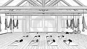 Blueprint project draft, empty yoga studio interior design, space with hammock, mats, pillows and accessories, wooden floor and