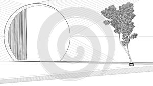 Blueprint project draft, imaginary fictional architecture, interior design of empty space with round arched window with curtain,