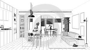 Blueprint project draft, living room, kitchen and dining room in dark and wooden tones. Island, stools, table, chairs, sofa.