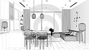 Blueprint project draft, living room with kitchen in minimalist apartment, sofa with table, kitchen with island and dining table,