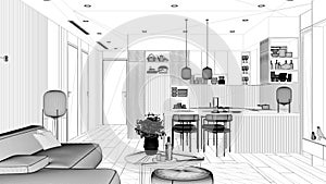 Blueprint project draft, living room and kitchen in modern apartment, velvet sofa with table, kitchen with island and dining table