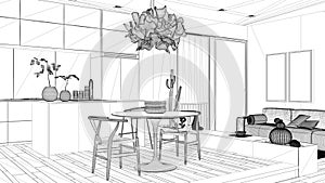 Blueprint project draft, living room with sofa, kitchen, dining table, succulent potted plants, parquet floor, window, panoramic