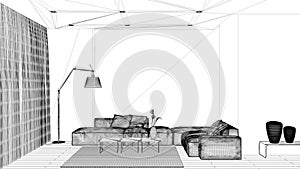 Blueprint project draft, luxury minimal living room with parquet floor, concrete wall and wooden panel, sofa, carpet and coffee