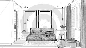 Blueprint project draft, minimal classic bedroom with walk-in closet, double bed with duvet and pillows, side tables and carpet.