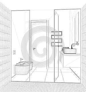 Blueprint project draft, minimalist bathroom, view from inside the large shower with tiles and spotlight, washbasin with mirror,