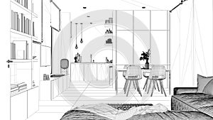 Blueprint project draft, minimalist living room and kitchen, concrete tiles, sofa, dining table, chairs, wooden bookshelf and