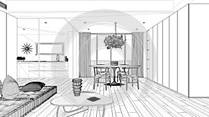 Blueprint project draft, minimalist living room with kitchen and dining table, sofa with pillows, coffee table, pendant lamp,