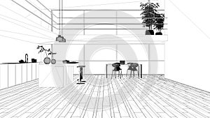 Blueprint project draft, minimalist purple colored kitchen with island, dining table with chairs, parquet, mezzanine, big