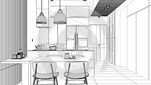 Blueprint project draft of modern kitchen with dining room and wooden wall details, table with chairs, island with pendant lamps,