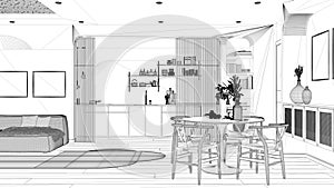 Blueprint project draft, modern kitchen, living and dining room, sofa with carpet, sliding door, cabinets, shelves and table with