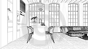 Blueprint project draft, modern kitchen and living room in vintage apartment with big windows, sofa and table, island with chairs