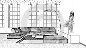 Blueprint project draft, modern living room in vintage apartment with big old window, sofa with pillows, carpet, table. Classic