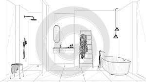 Blueprint project draft, modern minimalist bathroom, freestanding bathtub, washbasin with mirror and accessories, shower, ceramic