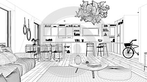 Blueprint project draft, penthouse living room and kitchen interior design, lounge with sofa and carpet, dining table, island with