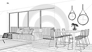 Blueprint project draft, penthouse living room and kitchen interior design, lounge with sofa and carpet, dining table, parquet,