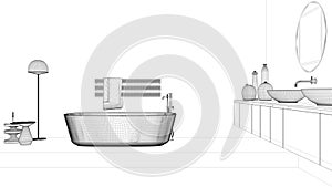 Blueprint project draft, showcase bathroom interior design, freestanding bathtub and wash basing. Round mirrors, faucets, modern