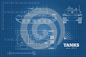 Blueprint of realistic tank. Top, front and side view. Detailed armored car. War vehicle in outline style