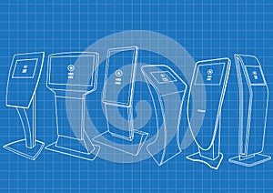 Blueprint of six Promotional Interactive Information Kiosk, Advertising Display, Terminal Stand, Touch Screen Display.