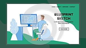 Blueprint Sketch Developing Architect Man Vector