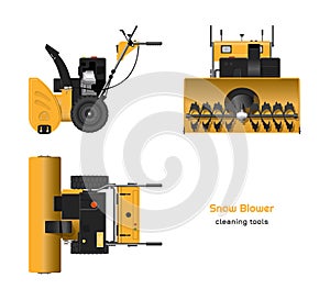 Blueprint of snow blower in realistic style. Top, side and front view. Winter hand tool. Isolated 3d plow machine