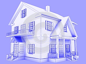 Blueprint style 3D rendered house. Blue outlines on blue backgr