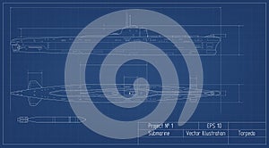 Blueprint of submarine. Military ship. Battleship model. Industrial drawing. Warship in outline style photo