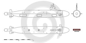 Blueprint of submarine. Military ship. Top, front and side view. Battleship model. Industrial drawing. Warship