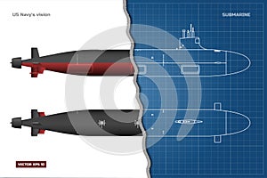 Blueprint of submarine. Military ship. Top, front and side view. Battleship model. Industrial drawing. Warship