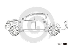 Blueprint of SUV. Contour drawing of car on a white background. Side view of pickup. The vehicle in outline style