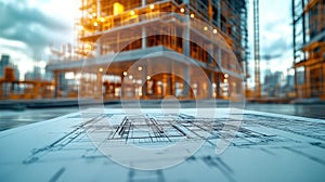 Blueprint on a table in front of a construction site