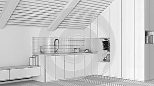 Blueprint unfinished project draft, attic interior design, minimal kitchen with sloping wooden ceiling and oak parquet floor.