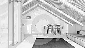 Blueprint unfinished project draft, contemporary mansard. Kitchen, living and dining room with sofa and table. Iron beams and