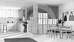 Blueprint unfinished project draft, farmhouse kitchen and dining room. Wooden cabinets, island with stools, table with chairs.