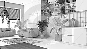 Blueprint unfinished project draft, home garden love. Kitchen and living room interior design. Parquet, sofa and many house plants