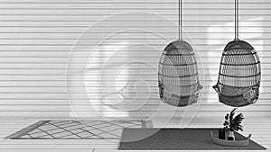 Blueprint unfinished project draft, home interior design in japanese style, wabi sabi living room, wall mockup, rattan hanging