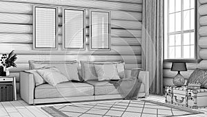 Blueprint unfinished project draft, log cabin living room. Fabric sofa, carpet and windows. Frame mockup, farmhouse interior