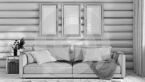 Blueprint unfinished project draft, log cabin living room, front view. Frame mock up, fabric sofa with pillows. Farmhouse interior